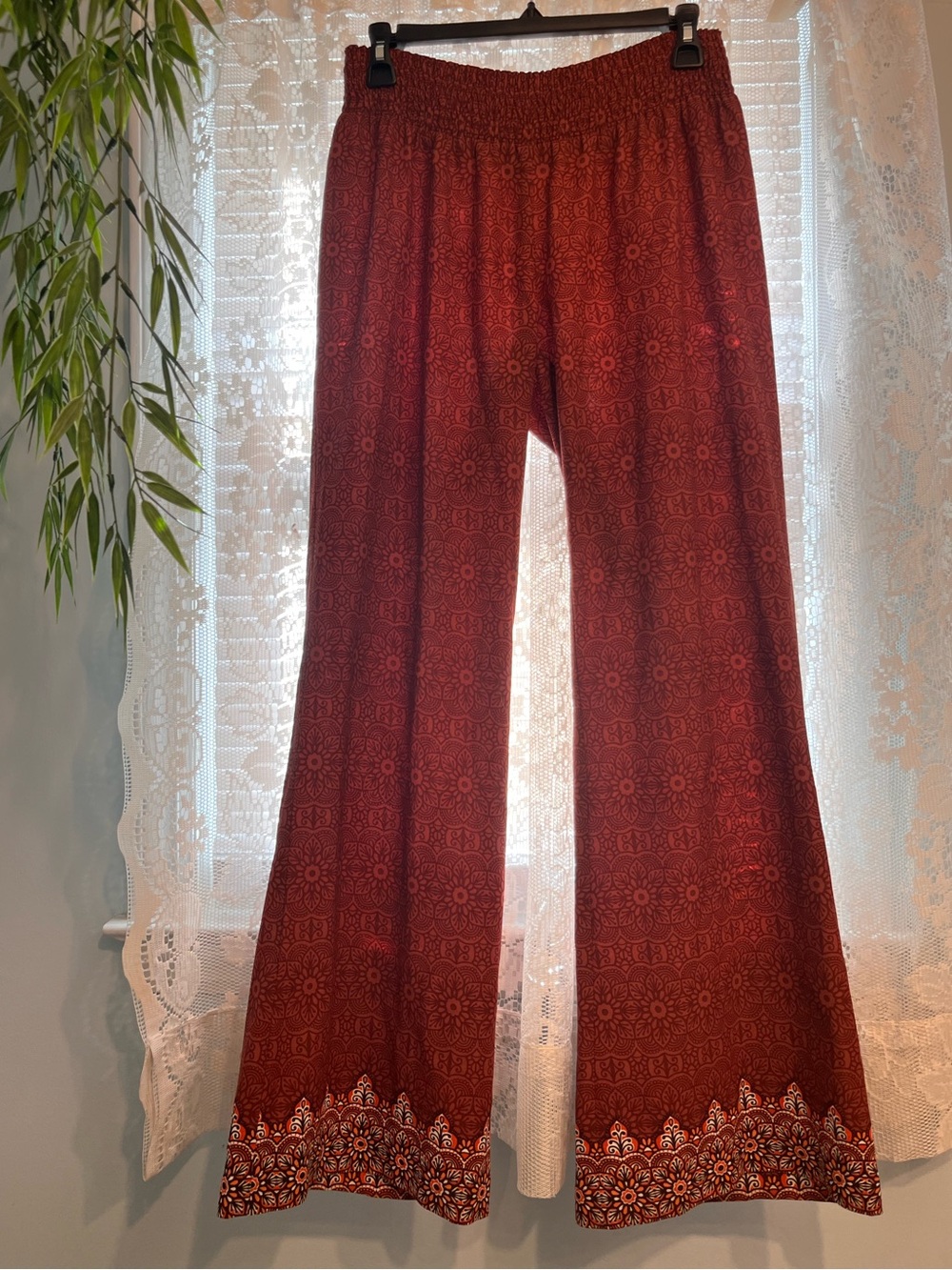 Prana Women's Wide Leg Pants in Rust Red with Border Print